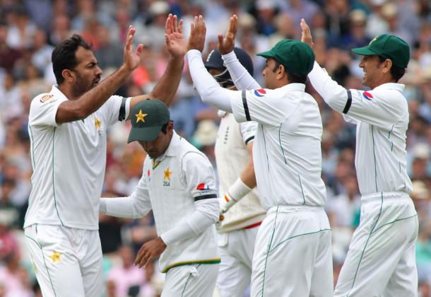 Wahab Riaz celebrates on his way to three wickets