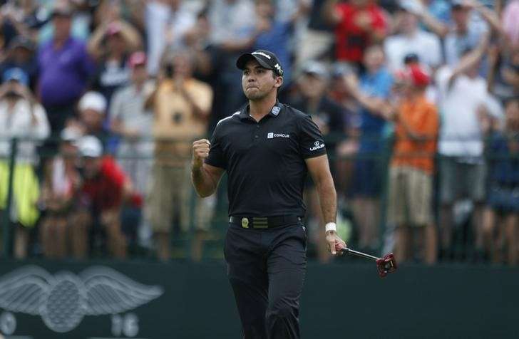 Jul 31 2016 Springfield NJ USA PGA golfer Jason Day reacts to making an eagle putt on the 18th hole during the Sunday round of the 2016 PGA Championship golf tournament at Baltusrol GC- Lower Course. Brian Spurlock-USA TODAY Sports