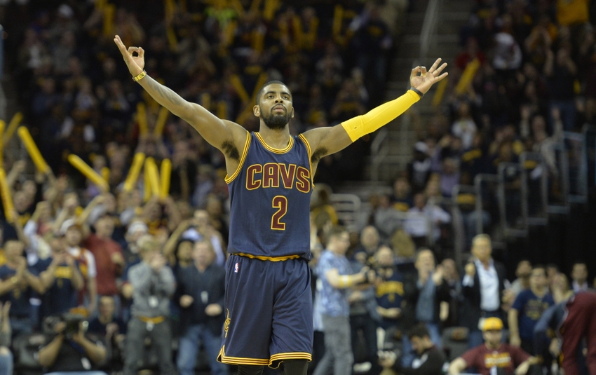 Apr 5 2015 Cleveland OH USA Cleveland Cavaliers guard Kyrie Irving celebrates in the fourth quarter against the Chicago Bulls at Quicken Loans Arena. Mandatory Credit David Richard-USA TODAY Sports