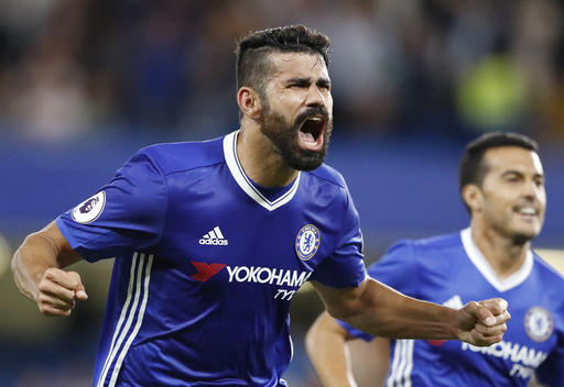 Chelsea's Diego Costa celebrates after scoring during the English Premier League soccer match between Chelsea and West Ham at Stamford Bridge stadium in London Monday Aug. 15 2016