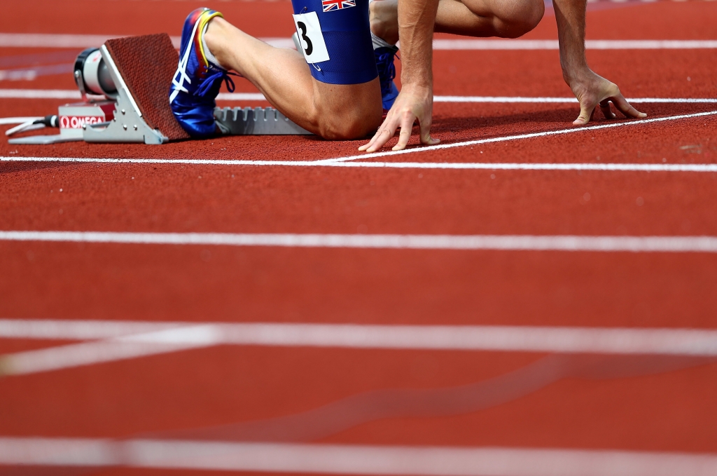 AMSTERDAM NETHERLANDS- JULY 07 Rhys Williams of Great Britain in the starting blocks ahead of his 400m hurdles semi final on day two of The 23rd European Athletics Championships at Olympic Stadium