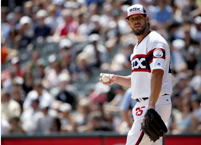 White Sox starter James Shields looks to the dugout during the first inning of the Sox&#039 10-2 loss to the Orioles