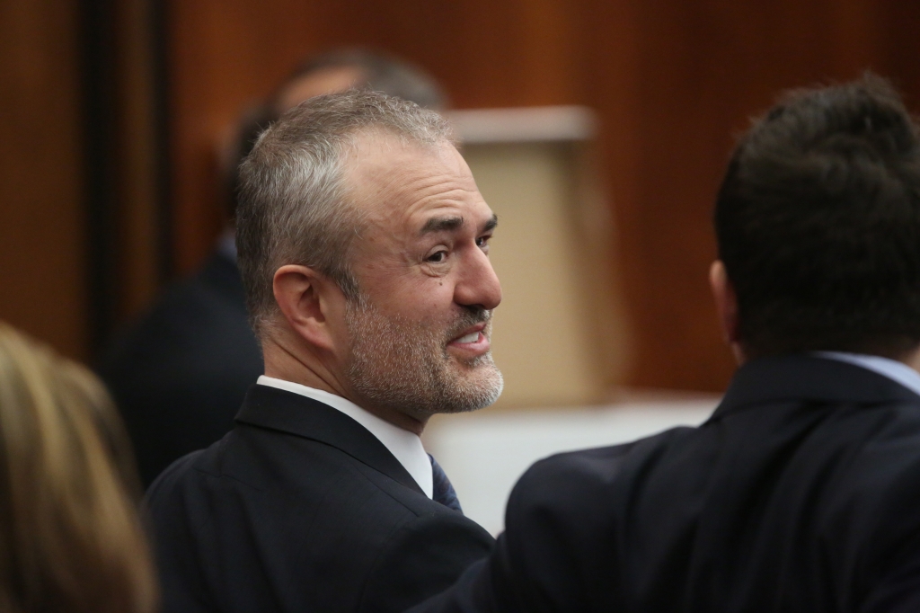 Nick Denton founder of Gawker talks with his legal team before Terry Bollea aka Hulk Hogan testifies in court during his trial against Gawker Media