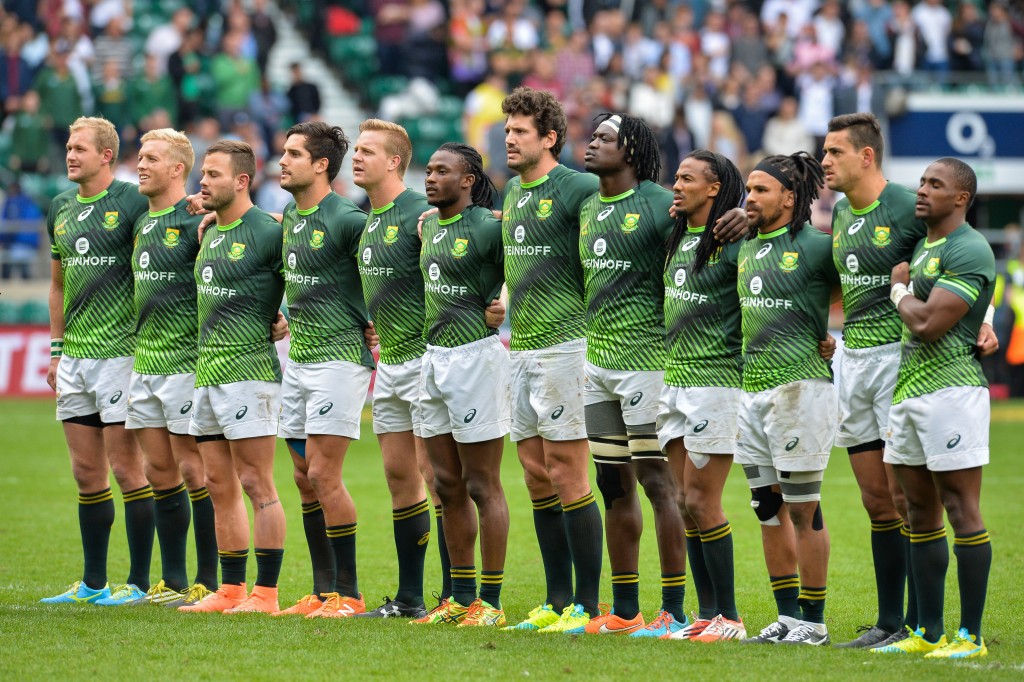 LONDON ENGLAND- MAY 22 South Africa sing the national anthem during the cup final match between South Africa and Scotland on day 2 of the HSBC World Rugby Sevens Series London at Twickenham Stadium on May 22 in London England