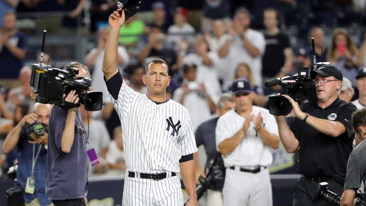 New York Yankees designated hitter Alex Rodriguez tips his cap in a farewell gesture to the fans after the game against the Tampa Bay Rays at Yankee Stadium. New York Yankees won 6-3