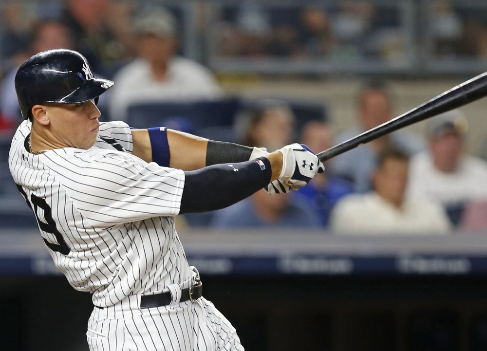 New York's Aaron Judge hits an RBI double in the fourth inning of the Yankees 1-0 win over the Toronto Blue Jays on Monday in New York