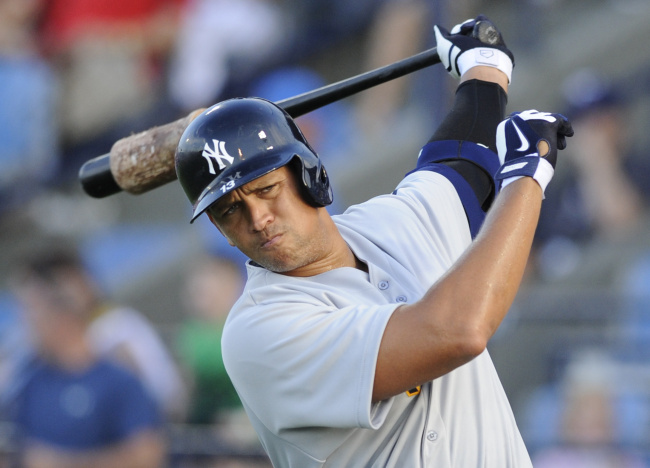 New York Yankees Alex Rodriguez takes warm up swings in the ondeck circle in the first inning of a Class AA baseball game with the Trenton Thunder against the Reading Phillies Monday