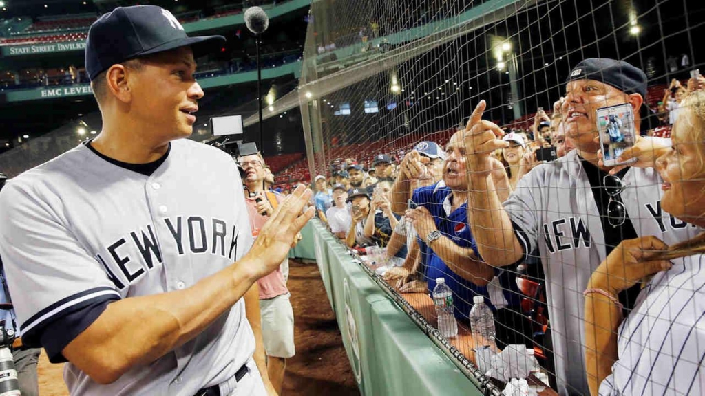 New York Yankees Alex Rodriguez greets fans following a baseball game against the Boston Red Sox in Boston Thursday Aug. 11 2016. The Yankees won 4-2