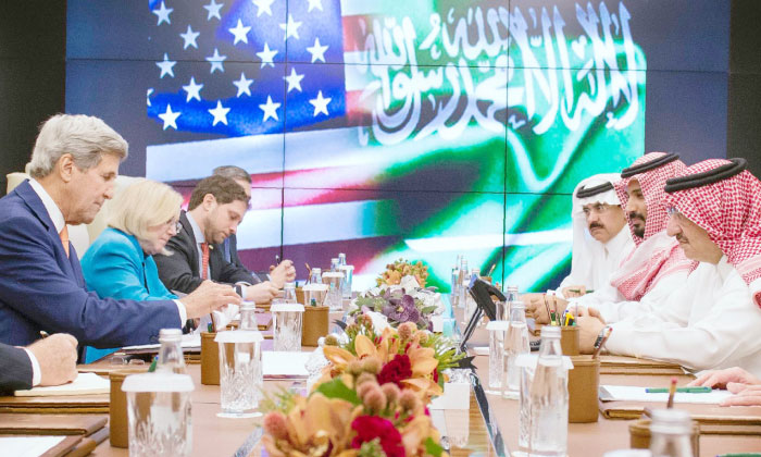 Crown Prince Muhammad Bin Naif deputy premier and minister of interior Deputy Crown Prince Muhammad Bin Salman second deputy premier and minister of defense and other Saudi officials hold talks with US Secretary of State John Kerry in Jeddah Wednesda