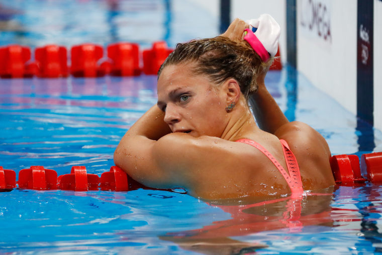 Yulia Efimova of Russia reacts in the Women's 200m Breaststroke heat