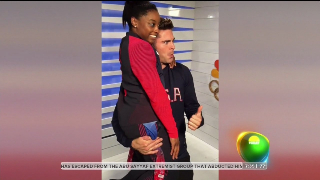 Simone Biles and her U.S. womenís gymnastics teammates meet Zac Efron during a surprise visit set up by NBC's 'Today&#039 show. The hunky star flew to the 2016 Rio Olympics when he learned that champion Biles was a'super fan. Featuring Simo