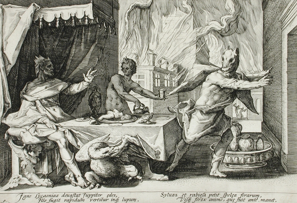 Zeus turning the Greek king Lycaon into a wolf for sacrificing and eating another human being. Engraving by Hendrik Goltzius