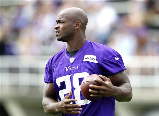 Minnesota Vikings running back Adrian Peterson during the second day of the team's NFL football training camp at Mankato State University in Mankato Minn. on Saturday July 30 2016