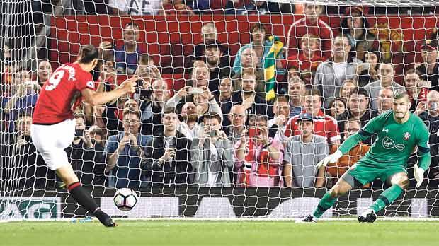 Zlatan Ibrahimovic scores from the penalty spot against Southampton