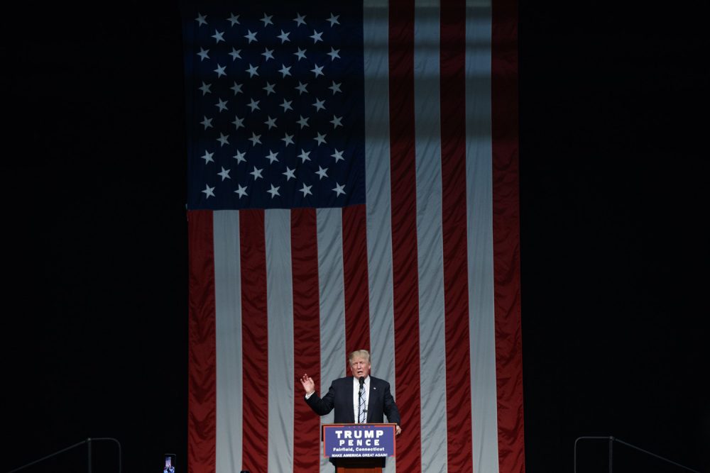 Republican presidential candidate Donald Trump speaks during a campaign rally at Sacred Heart University in Fairfield Conn