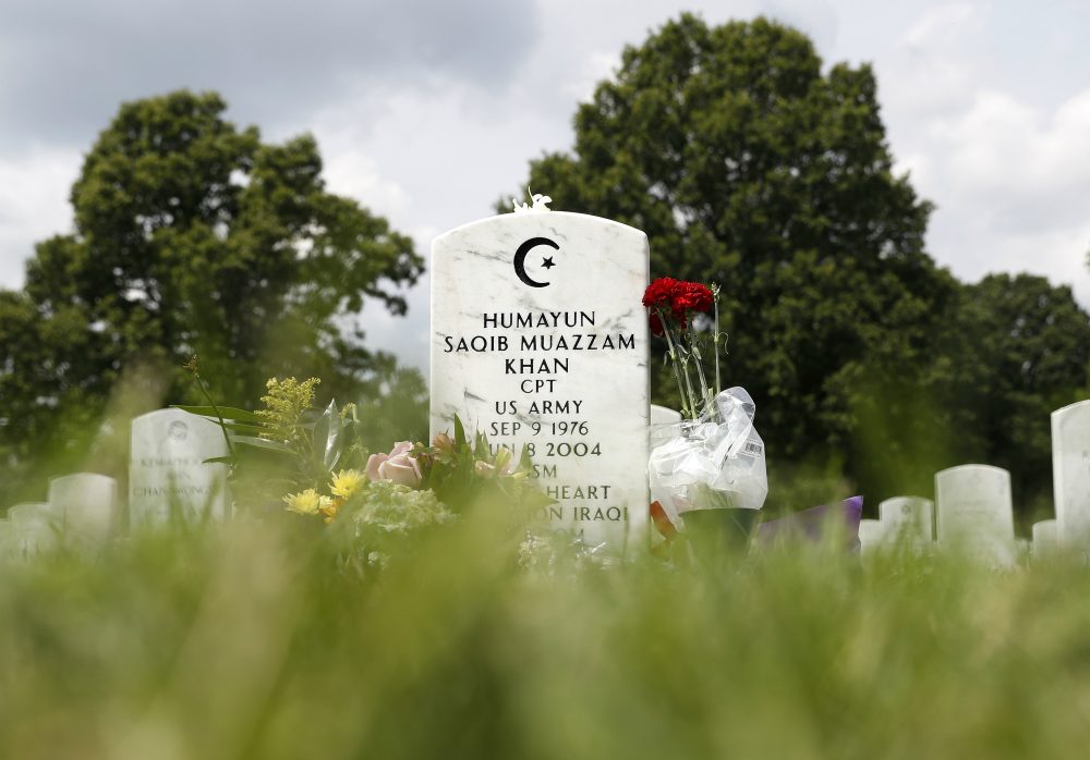 The tombstone of U.S. Army Capt. Humayun S. M. Khan is seen in Arlington National Cemetery on Monday Aug. 1 2016