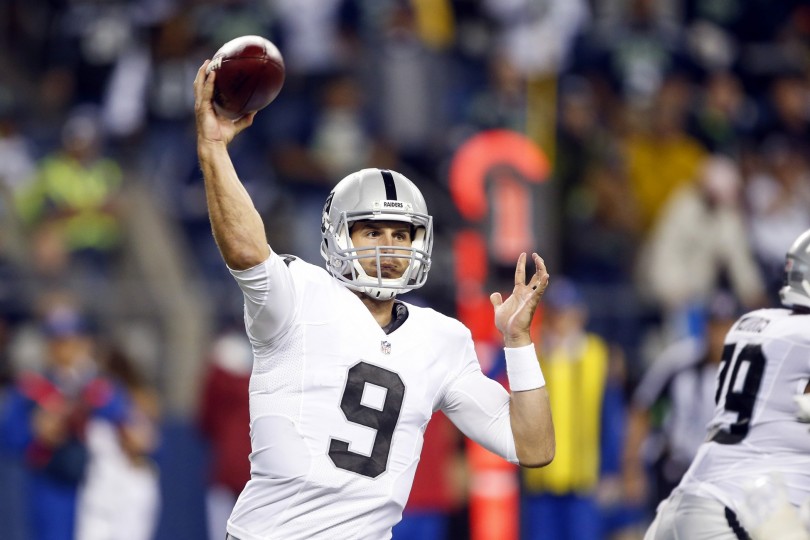 Sep 3 2015 Seattle WA USA Oakland Raiders quarterback Christian Ponder throws against the Seattle Seahawks during the fourth quarter at Century Link Field. Mandatory Credit Joe Nicholson-USA TODAY Sports