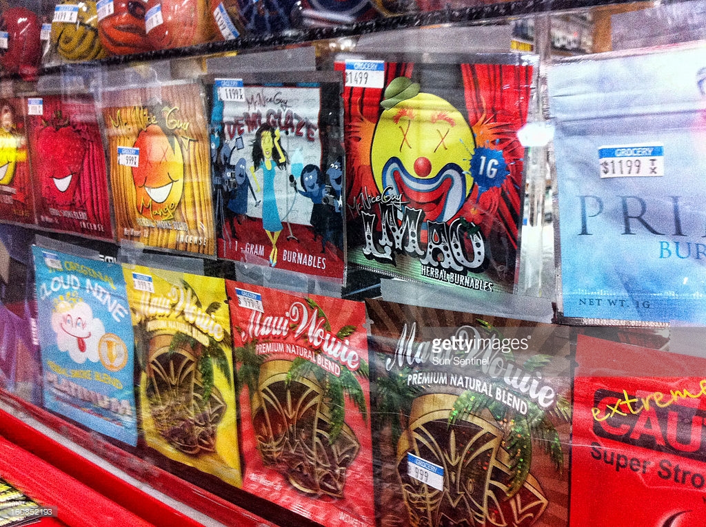 Synthetic marijuana sold in colorful packages with names like Cloud Nine Maui Wowie and Mr. Nice Guy sits behind the glass counter at a Kwik Stop in Hollywood Florida. Police are beginning to crack down on synthetic drugs. (Susannah Bryan  Sun Sentinel