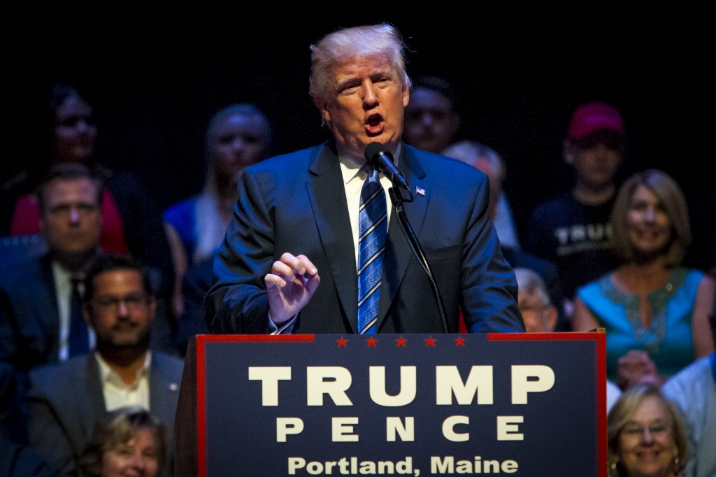 PORTLAND ME- AUGUST 04 Republican Presidential candidate Donald Trump speaks at the Merrill Auditorium