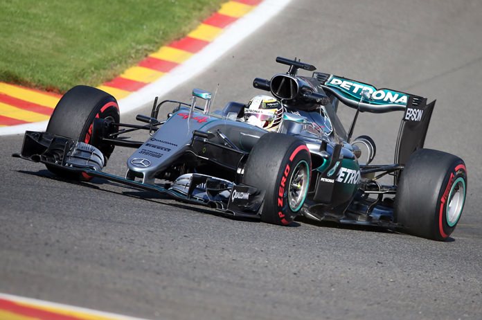 Mercedes driver Lewis Hamilton of Britain steers his car during the first practice session at the Belgian Formula One Grand Prix circuit in Spa-Francorchamps Belgium Friday Aug. 26