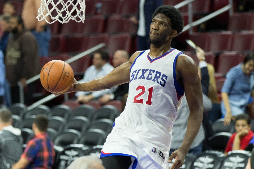 Apr 15 2015 Philadelphia PA USA Injured Philadelphia 76ers center Joel Embiid dunks during warm ups before playing against the Miami Heat at Wells Fargo Center. Mandatory Credit Bill Streicher-USA TODAY Sports ORG XMIT USATSI-188686 ORIG FILE