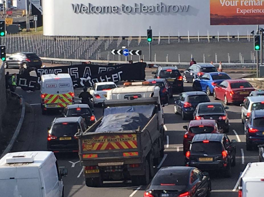 Protersters blocking the M4 have caused travel chaos for thousands at Heathrow