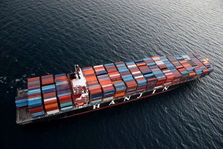 A Hanjin Shipping Co ship is seen stranded outside the Port of Long Beach