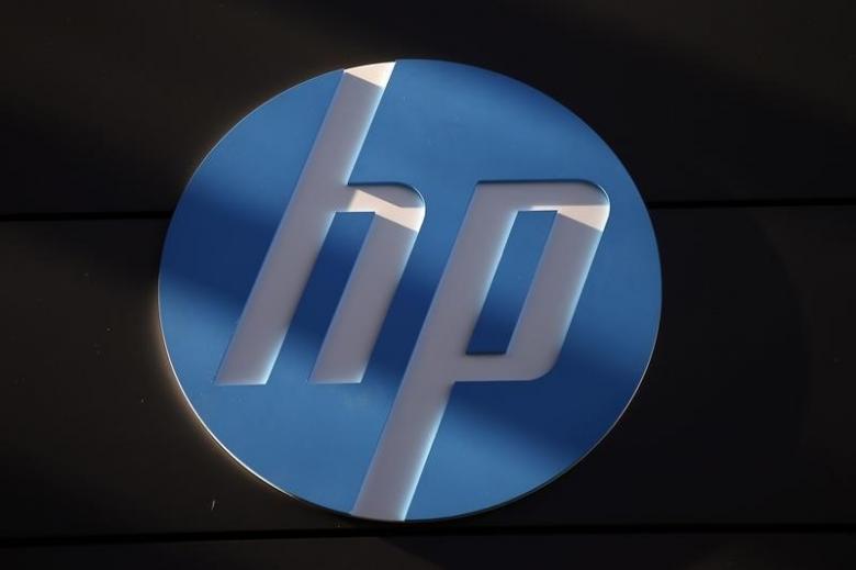 A Hewlett Packard logo is seen at the company's Executive Briefing Center in Palo Alto California