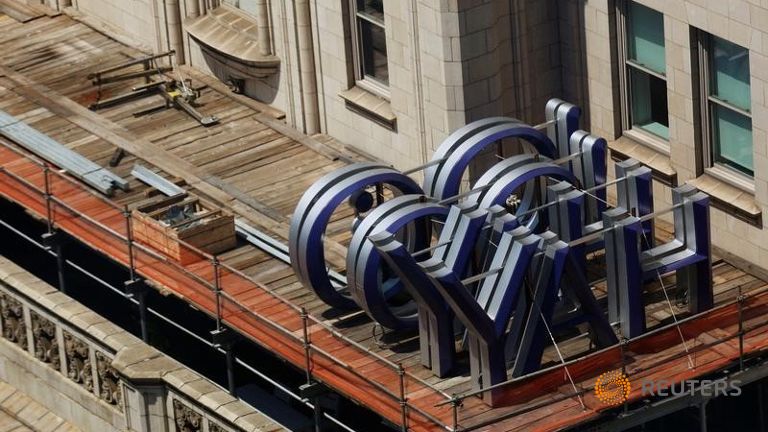 A Yahoo logo is seen on top of the building where they have offices in New York City U.S