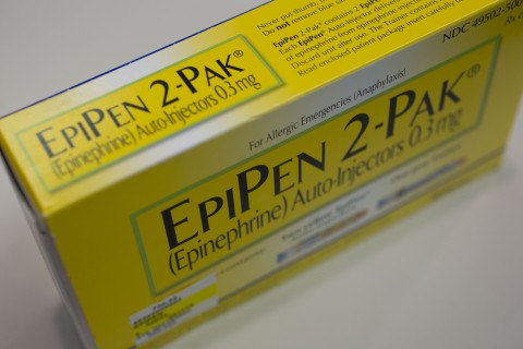 A box of Mylan NV’s Epi Pen 2-Pak allergy shots sit on display for