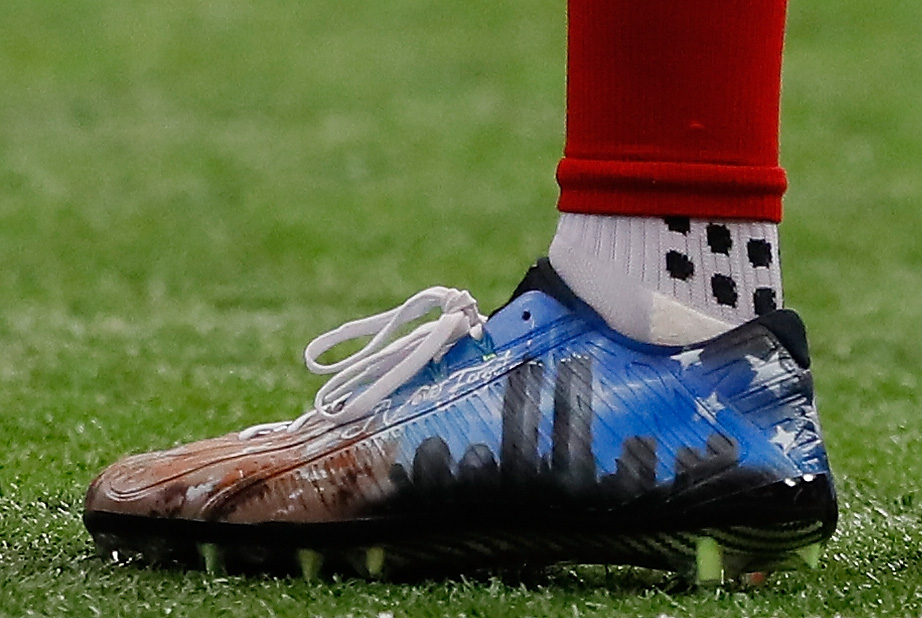 A cleat worn by Mohamed Sanu #12 of the Atlanta Falcons