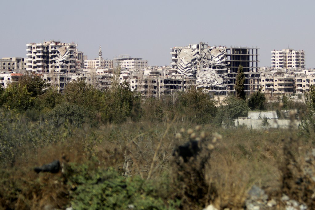 A general view shows damaged buildings in the Waer district in the central Syrian city of Homs Syria