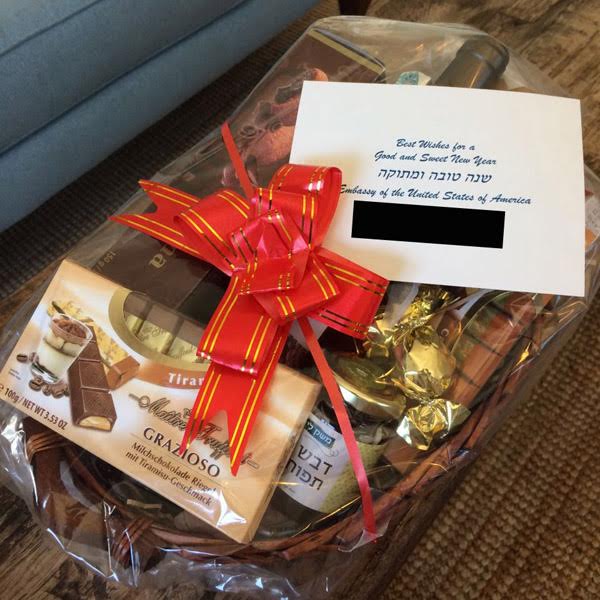 A gift basket containing settlement wine sent by the U.S. Embassy in Tel Aviv to anti-settlement organizations