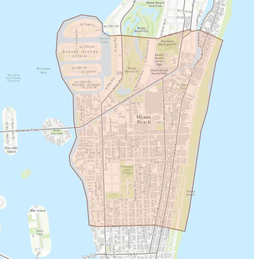 A map shows the mosquito spraying zone in Miami Beach. Miami Dade County