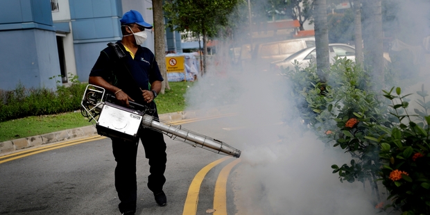 A pest control worker fumigates drains in Singapore as as the number of Zika infections rise in the city state