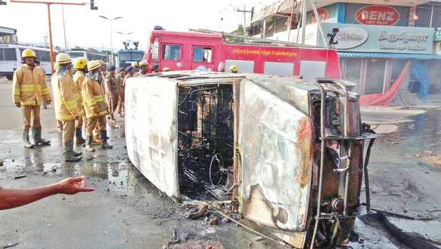 A police jeep that was damaged at Thudiyalur in Coimbatore on Friday following the murder of the outfit’s district unit spokesperson Sasikumar | Express