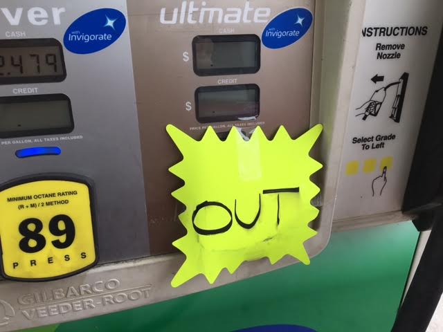 A pump at the BP gas station in the Landfall Center displays an out sign on their gas pump