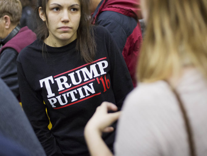 A woman wears a shirt reading ‘Trump Putin ’16