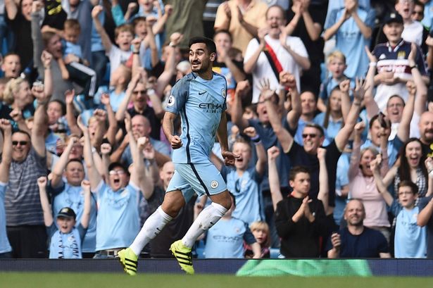 Ilkay Gundogan celebrates scoring Manchester City's fourth goal