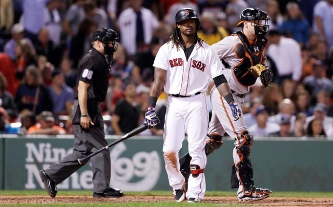 Boston Red Sox's Hanley Ramirez walks back to the dugout after striking out to end the baseball game as Baltimore Orioles catcher Matt Wieters heads to congratulate reliever Zach Britton at Fenway Park Wednesday Sept. 14 2016 in Boston. The Oriol