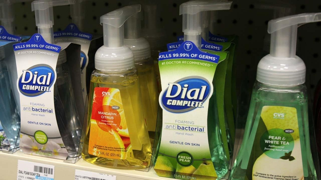 Soaps containing the antibacterial chemical triclosan are displayed on a shelf at a pharmacy