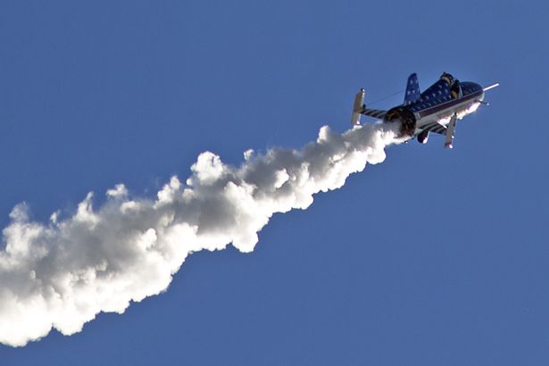 Stuntman Eddie Braun flies the'Evel Spirit rocket on Friday Sept. 16 2016 over the Snake River Canyon at Twin Falls Idaho