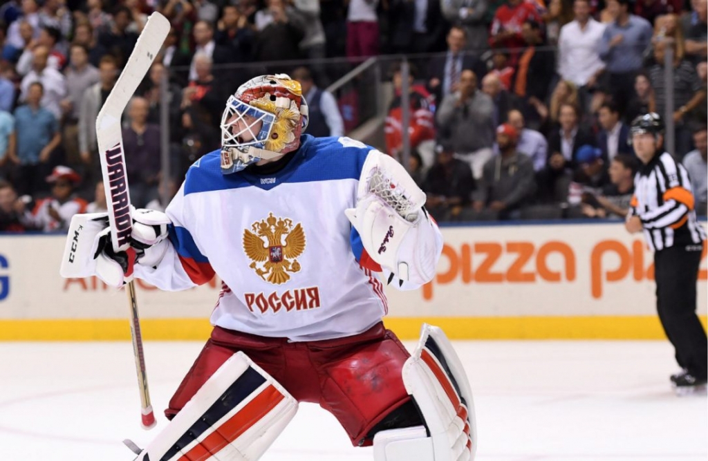 Team Russia goalie Sergei Bobrovsky who faced a 44-shot barrage celebrates Monday night's victory over Team North America