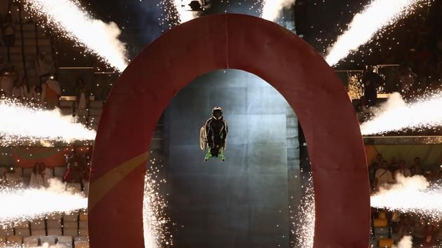 Aaron Wheelz jumps from a Mega Ramp at the start of the the Opening Ceremony. Pic Getty