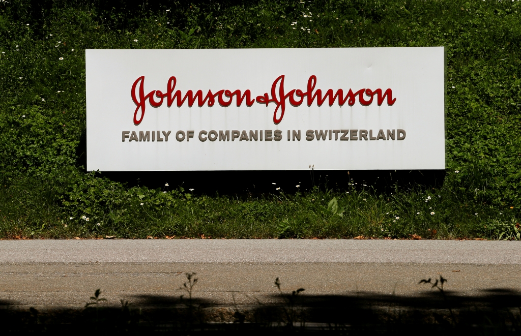 The logo of healthcare company Johnson & Johnson is seen in front of an office building in Zug Switzerland