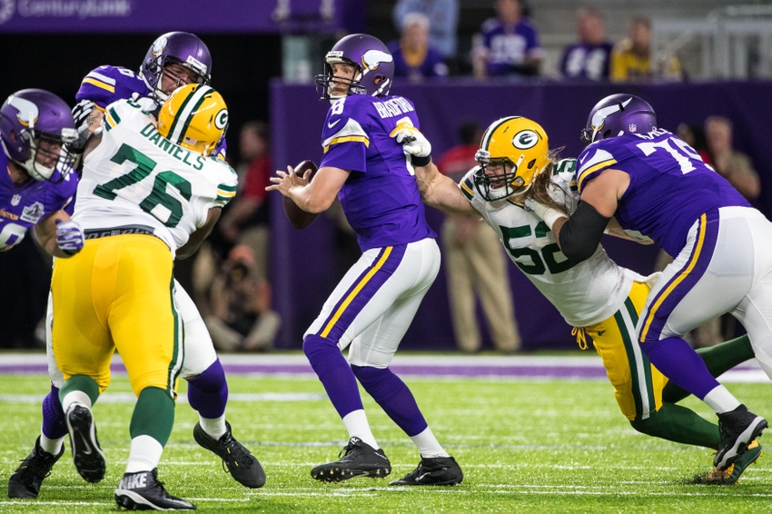 Sep 18 2016 Minneapolis MN USA Minnesota Vikings quarterback Sam Bradford is pressured by Green Bay Packers linebacker Clay Matthews during the first quarter at U.S. Bank Stadium. Mandatory Credit Brace Hemmelgarn-USA TODAY Sports