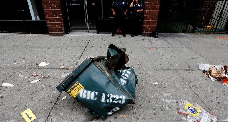 A view of a mangled dumpster at the site of an explosion that occurred on Saturday night in the Chelsea neighborhood of New York USA