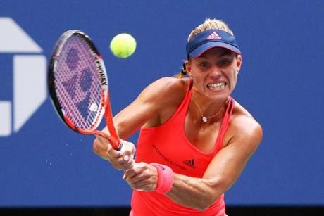 NEW YORK NY- SEPTEMBER 10 Angelique Kerber of Germany returns a shot to Karolina Pliskova of the Czech Republic during their Women's Singles Final Match on Day Thirteen of the 2016 US Open at the USTA Billie Jean King National Tennis Center on Sep