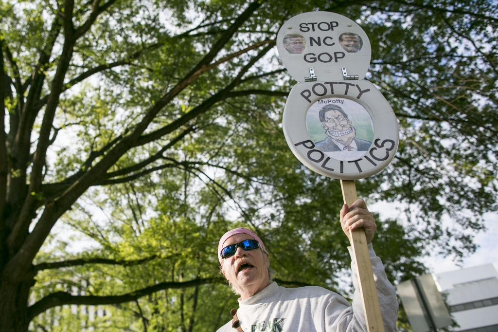 UNITED STATES- MAY 16- Protestors gather across the street from the North Carolina state legislative building as they voice their concerns over House Bill 2 in Raleigh N.C. Monday