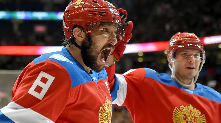 Alex Ovechkin celebrates after setting up a goal by teammate Vladimir Tarasenko against Team Finland